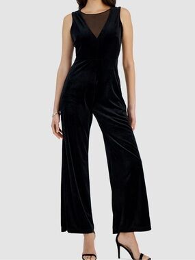 Taylor Women's Black Velvet Illusion-Trim V-Neck Sleeveless Jumpsuit Size 10